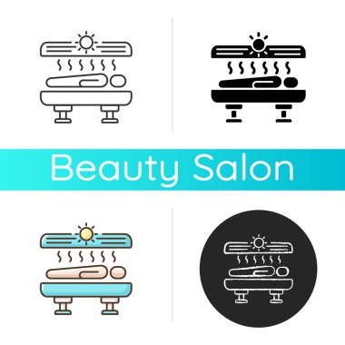 Bronzlaşma ikonu. Kapalı alanda solaryum. Bronzlaşma ve güneş banyosu. Elektrikli güneş yatağı. Prosedürler için spa salonu solaryum makineleri. Lineer siyah ve RGB renk stilleri. İzole vektör çizimleri