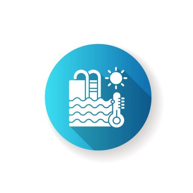 Su sıcaklığı mavi düz dizayn uzun gölge sembolü. Su parkı eğlencesi, yaz tatili. Aquapark kuralı, sağlıklı koşullar. Termometre silueti ile yüzme havuzu RGB renk resimlemesi