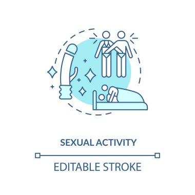 Cinsel aktivite konsepti ikonu. Yetişkin ilişkisi. Seks eğitimi fikri ince çizgi çizimi. Samimi hayat, üreme. Aşıklar vektörü RGB renk çizimini izole etti. Düzenlenebilir vuruş
