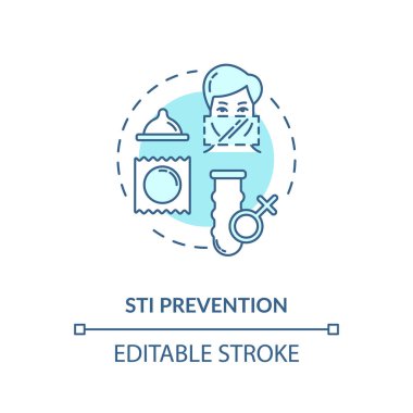 STI önleme konsepti simgesi. Doğum kontrol fikri ince çizgi çizimi. Cinsel yolla bulaşan hastalıklar korunma, güvenli seks eğitimi. Vektör izole edilmiş RGB renk çizimi. Düzenlenebilir vuruş