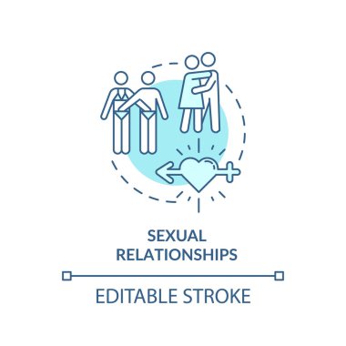 Cinsel ilişkiler konsepti ikonu. Yetişkin mahrem hayatı, seks eğitimi fikri ince çizgili illüstrasyon. Sevgililer, sevgililer, sevgililer sektörü RGB renk çizimi. Düzenlenebilir vuruş