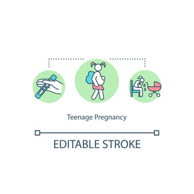 Hamilelik konsepti ikonu. Ergenlik çağı anneliği. Doğum sonrası sendromu. Cinsel eğitim fikri ince çizgi çizimi. Vektör izole edilmiş RGB renk çizimi. Düzenlenebilir vuruş