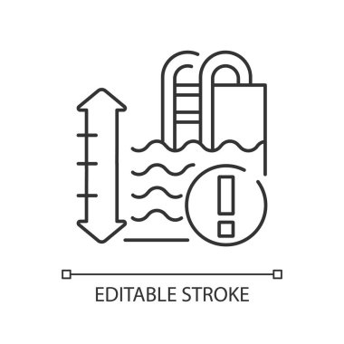 Havuz derinliği doğrusal simgesi. Su parkı dinlenme kuralı, güvenli yüzme koşulları ince çizgi özelleştirilebilir illüstrasyon. Contour sembolü. Yaz tatili. Vektör izole çizim. Düzenlenebilir vuruş