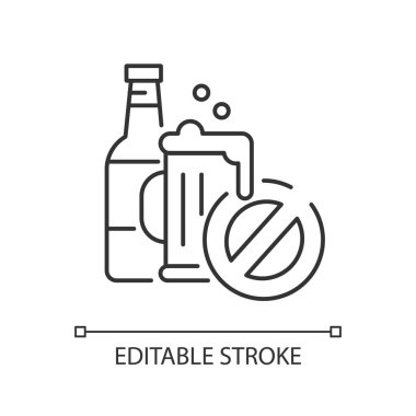 Alkol lineer simgesi yok. Su parkı kuralı. İçki kısıtlaması ince çizgi özelleştirilebilir illüstrasyon. Contour sembolü. Bira bardağı ve şişe, dur işareti taşıyıcı izole çizim çizimi. Düzenlenebilir vuruş