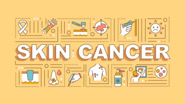 Cilt kanseri kelimesi afişi kavramsallaştırır. Melanoma. Bazal ve skuamöz hücre. Sarı arkaplanda doğrusal simgeler olan bilgi grafikleri. İzole tipografi. Vektör çizgisi RGB renk çizimi