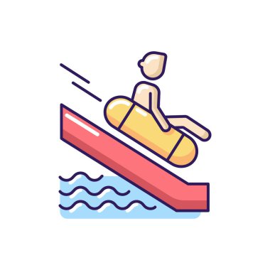 Yüzme çemberi RGB renk simgesinde kayıyorum. Su parkı eğlencesi. Aktif yaz tatili, su parkı eğlencesi. Su kaydırağındaki turist izole edilmiş vektör çizimi