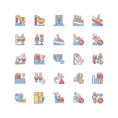 Su parkı RGB renk simgeleri ayarlandı. Sucul oyun alanı, yaz tatili merkezi. Su kaydıraklarında ve yüzme havuzlarında güvenlik kuralları vardır. İzole vektör çizimleri