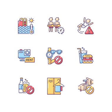 Aqua Park RGB renk simgeleri ayarlandı. Su parkı servisi ve kısıtlamalar. Aktif dinlenme. Sucul dinlenme merkezi, yüzme havuzu kuralları. İzole vektör çizimleri