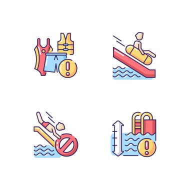 Su parkı kuralları ve kısıtlamalar RGB renk simgeleri belirlendi. Su kaydırağı kuralları, su derinliği uyarısı ve mayo zorunluluğu. İzole vektör çizimleri