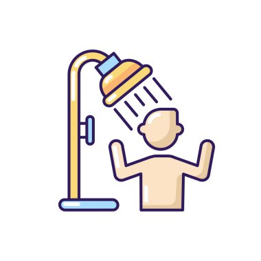Use shower RGB color icon. Water park service, public douche. Personal hygiene, body care. Summer refreshment. Person taking shower bath isolated vector illustration