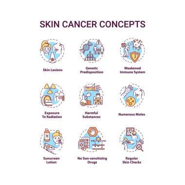 Cilt kanseri konsept simgeleri. Güneşe duyarlı ilaçlar yok. Güneş kremi. Zayıf bağışıklık sistemi. Melanoma fikri ince çizgi RGB renk çizimleri. Vektör izole çizimleri
