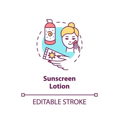 Güneş kremi konsepti ikonu. Güneş kremi. SPF nemlendiricileri. Güneş kremi. Güneş yanığı kremi fikri ince çizgi çizimi. Vektör izole edilmiş RGB renk çizimi. Düzenlenebilir vuruş
