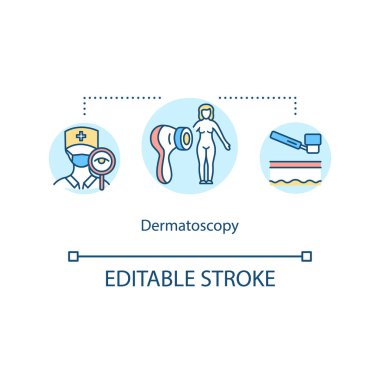 Dermatoskopi konsepti simgesi. Benler ve doğum lekeleri inceleniyor. Sağlık hizmetleri. Cilt kontrolü. Dermoskopi fikri ince çizgi çizimi. Vektör izole edilmiş RGB renk çizimi. Düzenlenebilir vuruş