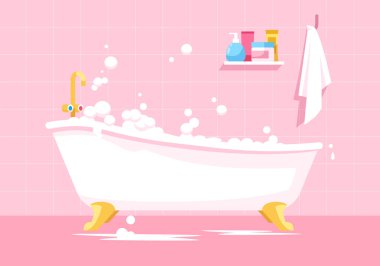Pembe banyo yarı düz vektör çizimi. Köpüklü banyo küveti. Günlük hijyen için köpüklü banyo küveti. Ticari kullanım için 2D karikatür arka planına sahip kadınsı oda