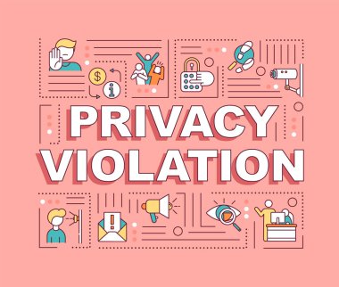 Gizlilik ihlali sözcüğü afiş kavramını içerir. İnsan hakları koruması. Özel uzay istilası. Pembe arka planda doğrusal simgeleri olan bilgi grafikleri. İzole tipografi. Vektör çizgisi RGB renk çizimi