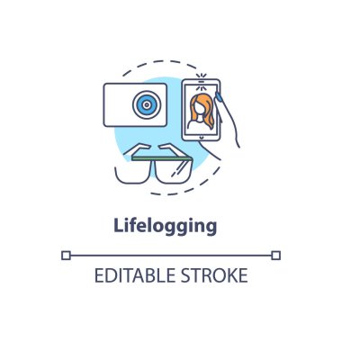 Yaşam günlüğü konsepti simgesi. Biyohack, video bloglama fikri ince çizgi çizimi. Kültür akışı, kayıt ve video kayıtları. Vektör izole edilmiş RGB renk çizimi. Düzenlenebilir vuruş