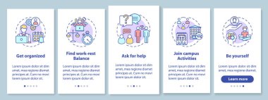 Mobil uygulama sayfası ekranında konseptlerle birlikte öğrenci özgüveni. Üniversite hayatı 5 aşamalı grafik talimatları gözden geçiriyor. RGB renk resimleriyle üniversite yaşam tarzı UI vektör şablonu