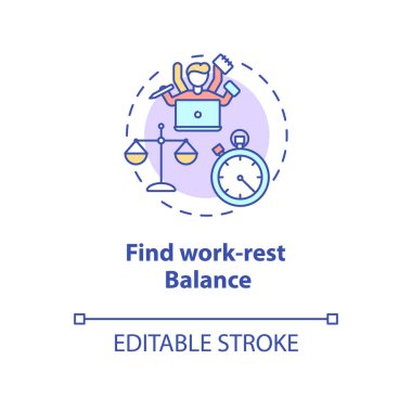 İş dinlenme dengesi konsepti simgesi bul. Öğrenci zaman yönetimi. Proje tamamlandı. Kolej hayatı uyum fikri ince çizgi çizimi. Vektör izole edilmiş RGB renk çizimi. Düzenlenebilir vuruş