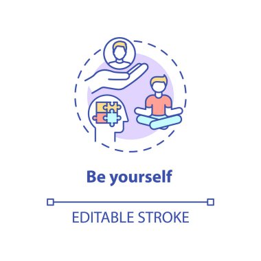 Kendin ol konsept ikonu. Psikolojik refah. Dikkatli bir birey. Öğrenci akıl sağlığı. Kendini kabul etme fikri ince bir çizgi çizimi. Vektör izole edilmiş RGB renk çizimi. Düzenlenebilir vuruş