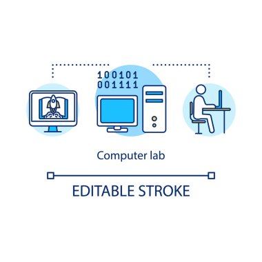 Bilgisayar laboratuarı konsept simgesi. Teknoloji laboratuvarı. Öğrenciler için ders odası. Kolej hayatı fikri ince çizgi çizimi. Vektör izole edilmiş RGB renk çizimi. Düzenlenebilir vuruş