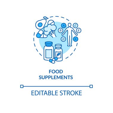 Yiyecek takviyeleri konsepti ikonu. Sağlıklı beslenme, biyohack ipuçları ince çizgi çizimi fikri. Vitamin diyeti, sağlığa iyi gelen maddeler. Vektör izole edilmiş RGB renk çizimi. Düzenlenebilir vuruş