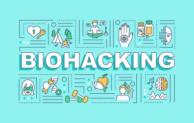 Biyohack kelimesi afiş kavramlarını içeriyor. Vücut ve beyin sağlığı gelişiyor. Mavi arka planda doğrusal simgeleri olan DIY biyoloji bilgi grafikleri. İzole tipografi. Vektör çizgisi RGB renk çizimi