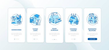Mobil uygulama sayfası ekranında kavramlarla üniversite zorluğu. Öğrenci 5 aşamalı grafik talimatlara meydan okuyor. RGB renk çizimleriyle okul UI vektör şablonu