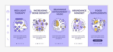 Biyohack ipuçları vektör şablonunda. Kırmızı ışık terapisi, beyin dalgası müziği, spor ve bolluk zihniyeti. Simgeli ilgili mobil web sitesi. Web sayfası basamak ekranları. RGB renk kavramı