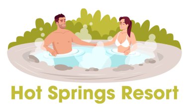 Açık hava tesisi yarı düz RGB renk çizimi. Rahatlamak için Japon havuzu. Hot Springs tatil köyü ifadesi. Erkek arkadaşı ve kız arkadaşı beyaz arkaplanda karikatür karakterlerini izole etmiş.