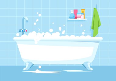 Mavi banyo yarı düz vektör çizimi. Köpüklü banyo küveti. Günlük hijyen için köpüklü banyo küveti. Ticari kullanım için çocuksu ev içi tuvaletler 2D karikatür arka planı