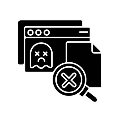 Sayfa siyah kabartma simgesi bulunamadı. 404 hata mesajı, beyaz uzayda sorun bildirim silueti sembolü. Kötü web yanıtı, HTTP durum kodu, başarısız web sitesi bağlantısı. Vektör izole illüstrasyonu