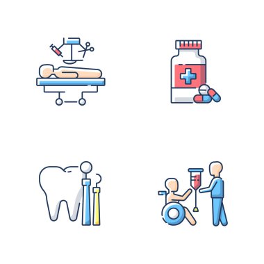 Tıbbi servisler RGB renk simgeleri ayarlandı. Tıbbi operasyon. Diş hekimliği ve sağlık. Eczanede. Eczacılık ilacı. Rehabilitasyon. Hastane bölümü. İzole vektör illüstrasyonu