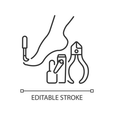 Pedikür doğrusal simgesi. Tırnak cilası. Güzellik prosedürleri. Çivi tedavisi için aletler. Güzellik salonu. İnce çizgi özelleştirilebilir illüstrasyon. Contour sembolü. Vektör izole çizim. Düzenlenebilir vuruş