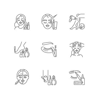 Güzellik salonu doğrusal simgeleri ayarlandı. Makyaj. Manikür ve pedikür. Kaş yapıcı. Mikro patinaj. Güzellik prosedürleri. Özelleştirilebilir ince çizgi şekilleri. İzole vektör çizelgesi çizimi