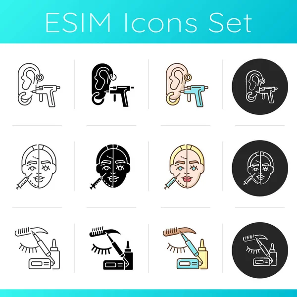 Beauty parlor procedures icons set. Piercing. Skin injections. Anti aging and wrinkle. Microblading. Eyebrows tattooing. Cosmetology. Linear, black and RGB color styles. Isolated vector illustrations