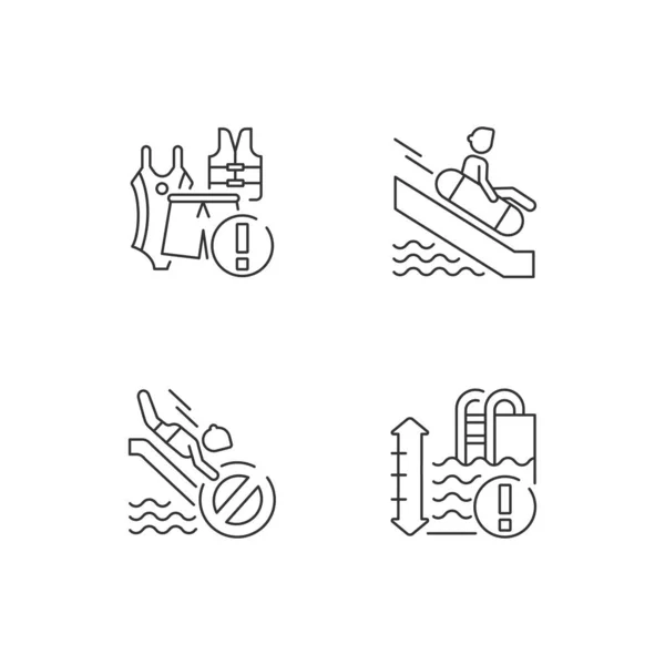 水上公园的规则和限制线性图标设置 滑水规则 水深和泳衣可定制的细线轮廓符号 孤立的矢量轮廓图解 可编辑笔划 — 图库矢量图片