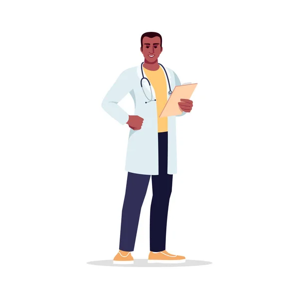 一般開業医半フラットRgbカラーベクトルイラスト 医者だ 病院の担当者 若いですアフロアメリカ人男性作業としてプライマリケア医師隔離された漫画のキャラクター上の白い背景 — ストックベクタ