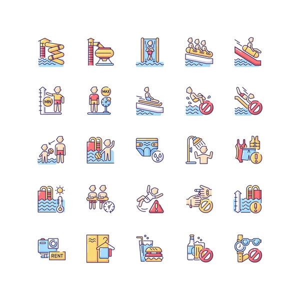 Su parkı RGB renk simgeleri ayarlandı. Sucul oyun alanı, yaz tatili merkezi. Su kaydıraklarında ve yüzme havuzlarında güvenlik kuralları vardır. İzole vektör çizimleri