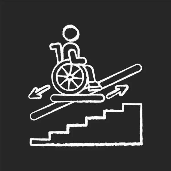 黒の背景に階段リフトチョークホワイトアイコン 車椅子プラットフォームと障害者用の階段リフト 屋外階段リフトエレベーター 都市インフラ 絶縁ベクトルチャークボードイラスト — ストックベクタ
