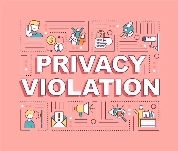 Gizlilik ihlali sözcüğü afiş kavramını içerir. İnsan hakları koruması. Özel uzay istilası. Pembe arka planda doğrusal simgeleri olan bilgi grafikleri. İzole tipografi. Vektör çizgisi RGB renk çizimi