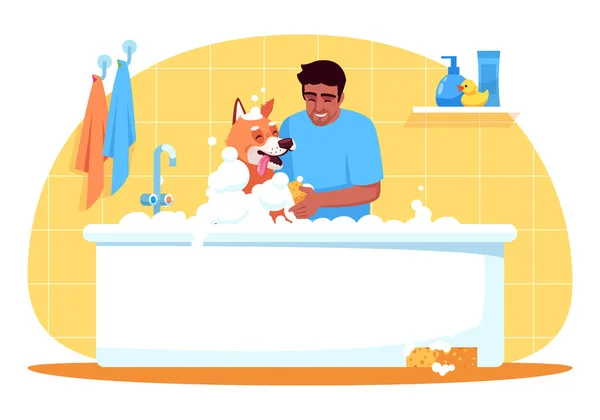 ペットケア半フラットRgbカラーベクトルイラスト 泡風呂の中の犬 家畜用のバスルームの洗濯 グループ化サービス ラテン男とともに犬孤立した漫画のキャラクター上の黄色の背景 — ストックベクタ