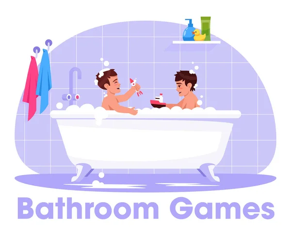 Los Niños Pequeños Juegan Baño Semi Plana Ilustración Vectorial Color — Archivo Imágenes Vectoriales