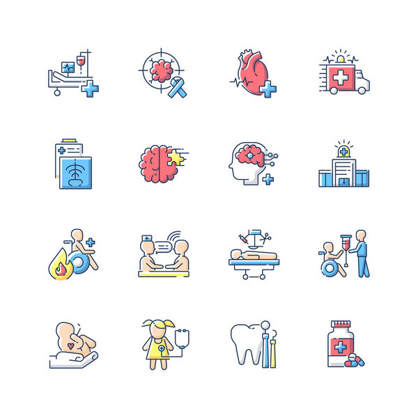 Больничный набор цвета RGB. Прогулка в клинике. Отделение радиологии и кардиологии. В интенсивной терапии. Госпиталь. Медицинское обслуживание. Реабилитация. Отдел больницы. Изолированная векторная иллюстрация