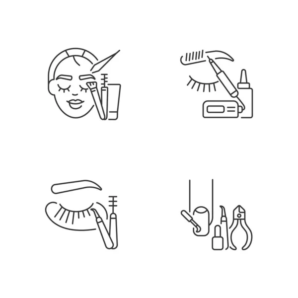 Face care linear icons set. Manicure. Microblading. Eyelash extension. Eyebrow lamination. Beauty procedure. Customizable thin line contour symbols. Isolated vector outline illustration