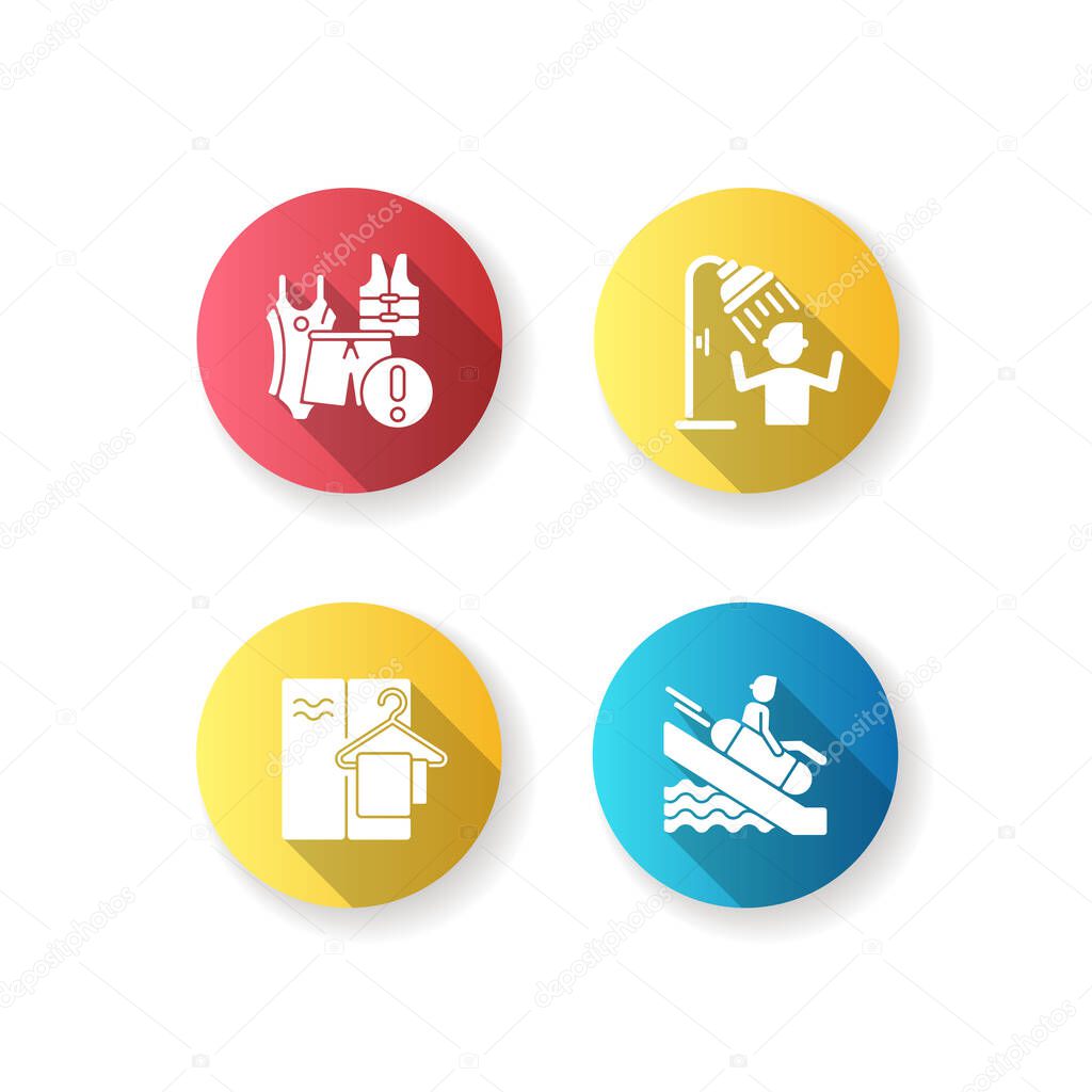 Aqua park service flat design long shadow glyph icons set. Swim circle sliding, using shower, changing cabins and swimsuits requirement. Waterpark rest. Silhouette RGB color illustrations