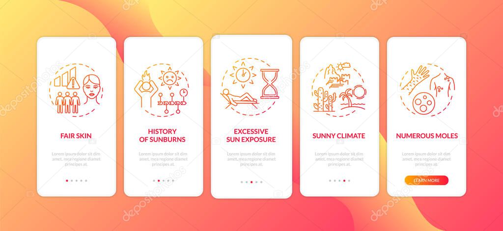 Skin cancer risk factors onboarding mobile app page screen with concepts. Fair skin. Sunny climate. Walkthrough 5 steps graphic instructions. UI vector template with RGB color illustrations