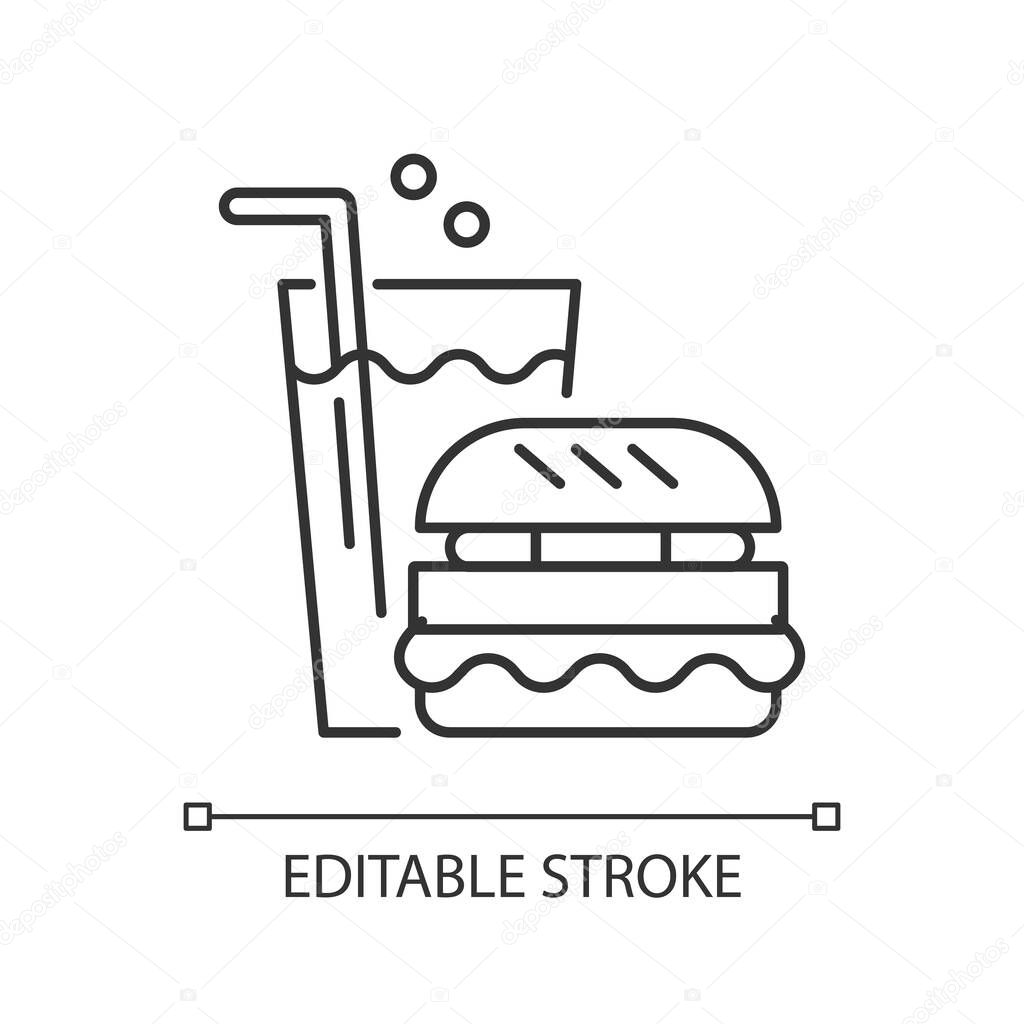 Fast food linear icon. Eating area in water park thin line customizable illustration. Contour symbol. Takeout service. Fizzy drink and hamburger vector isolated outline drawing. Editable stroke