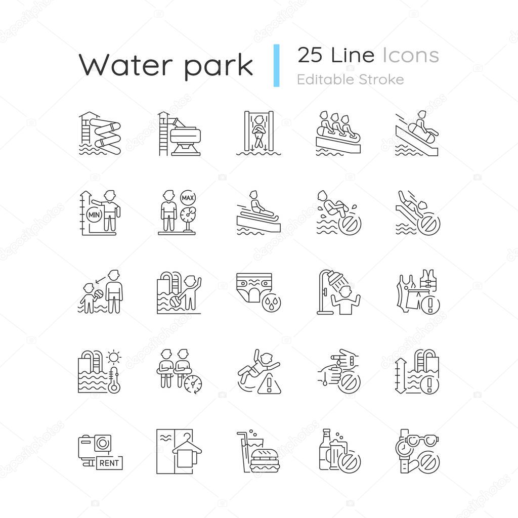 Water park linear icons set. Aquatic play area customizable thin line contour symbols. Safety rules on water slides and in swimming pools. Isolated vector outline illustrations. Editable stroke