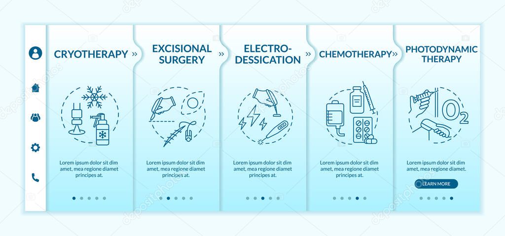 Skin cancer treatment onboarding vector template. Chemotherapy. Photodynamic therapy. Responsive mobile website with icons. Webpage walkthrough step screens. RGB color concept