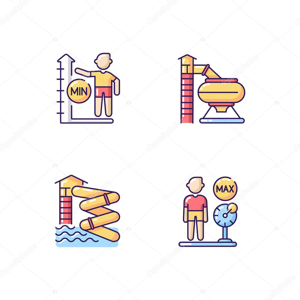 Waterslides with restrictions RGB color icons set. Aqualoop, bowl slide, weight and height limits. Water park attractions and rules. Isolated vector illustrations